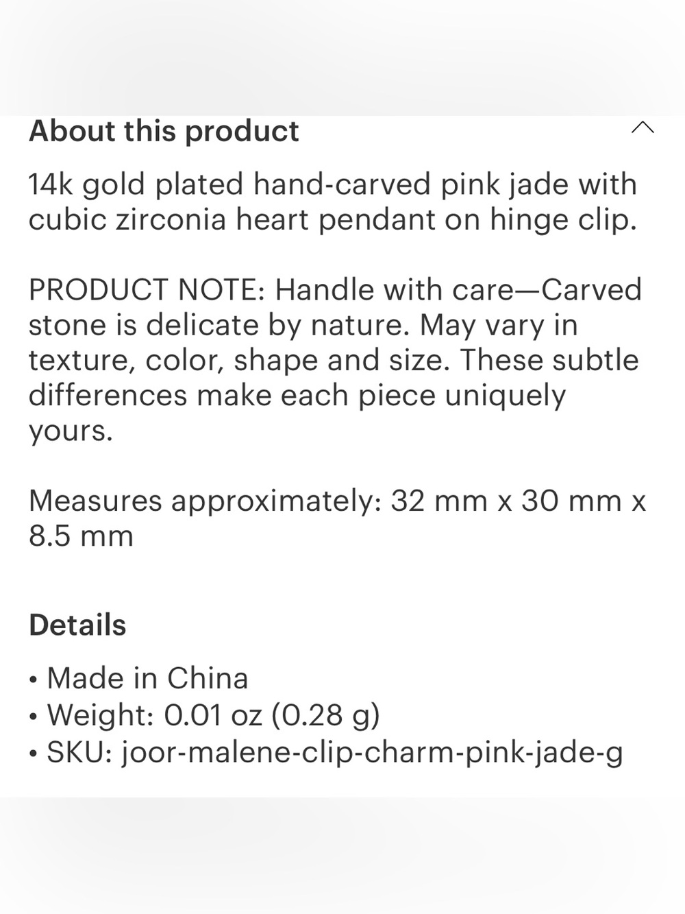 Thatch Malene Pink Jade Heart Clip - Picture 3 of 3